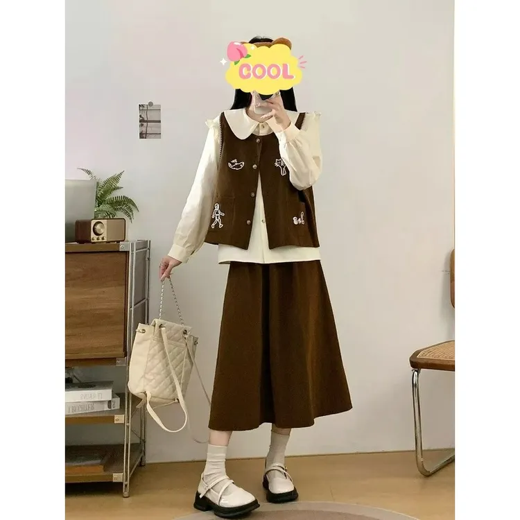 大码学院风甜美长袖衬衫马甲半身裙秋季三件套8811#