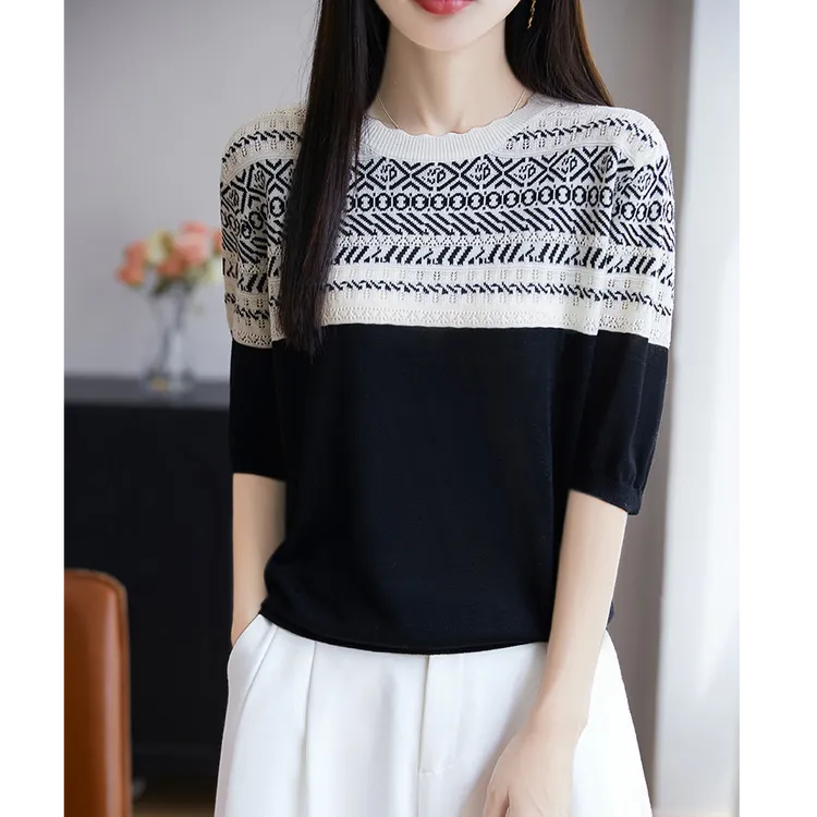 100天丝莱赛尔~夏季薄款针织女短袖条纹圆领面料超舒服柔软