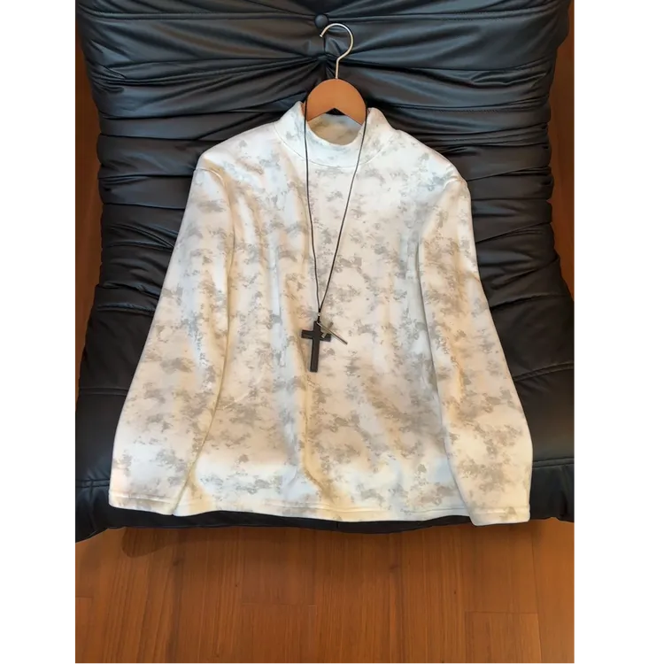 扎染加绒半高领德绒长袖卫衣T恤男款秋冬美式休闲纯色保暖打底衫