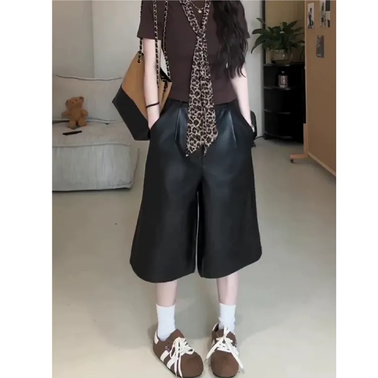 【矮个子女裤】黑色七八分皮裤秋季新款显瘦遮胯PU阔腿裤时髦直筒裤