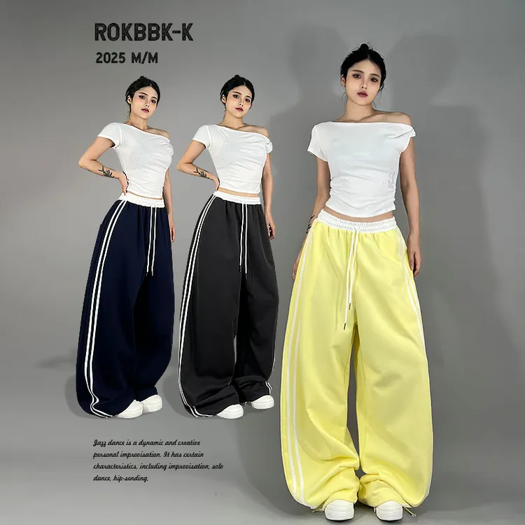 ROKBBK-K布韩街舞潮牌纯色条纹拼接显瘦运动休闲裤爵士舞百搭长裤
