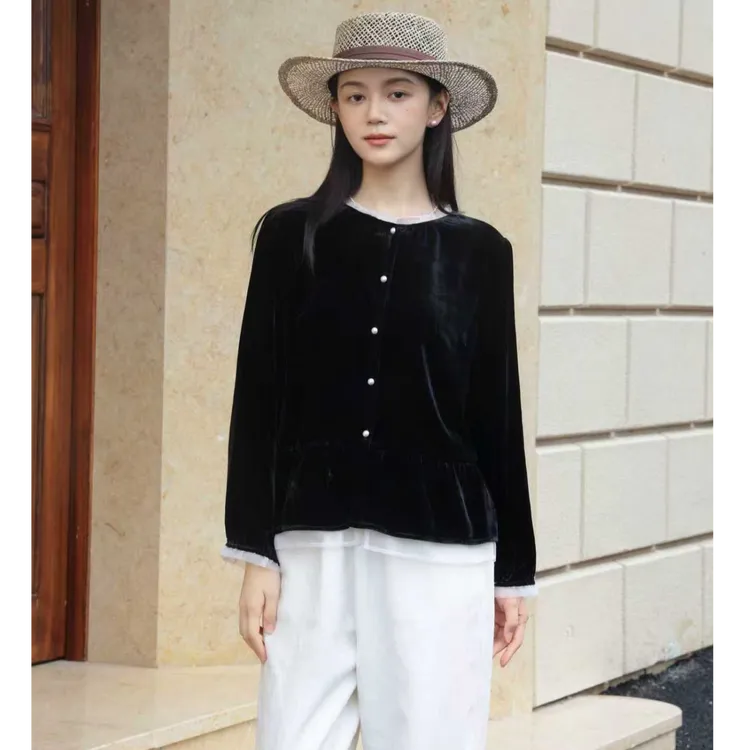 麻享【黑天鹅】桑蚕丝高阶丝绒外套短款气质优雅花边礼服FSY50956