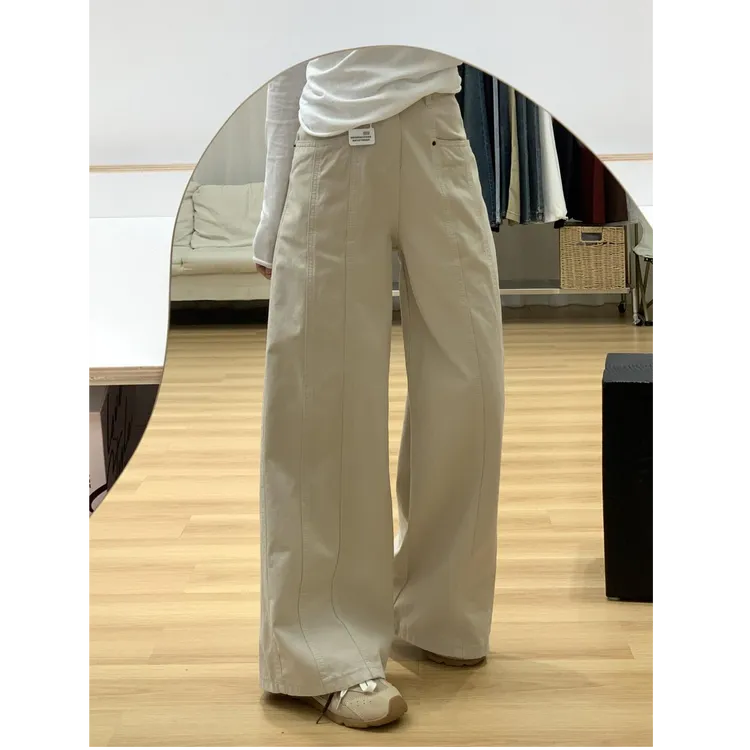 美式杏色工装牛仔裤女夏季新款时尚高腰宽松显瘦直筒阔腿裤子潮 