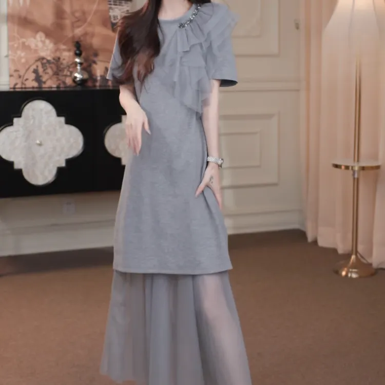 夏季时尚洋气网纱气质显瘦两件套连衣裙C5192