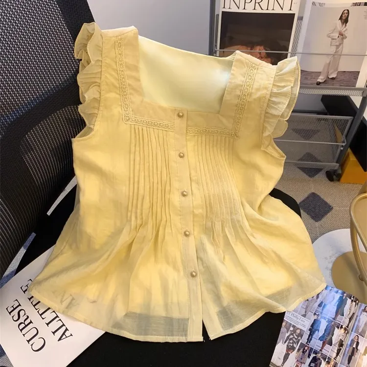 黄色方领小飞袖衬衫女夏花边拼接雪纺衫无袖裙摆小上衣遮肚子小衫