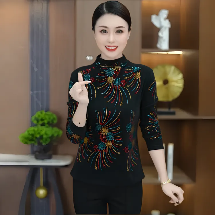 【璀璨烟花】秋冬装中年长袖女半高领妈妈装烫钻洋气修身型T恤女