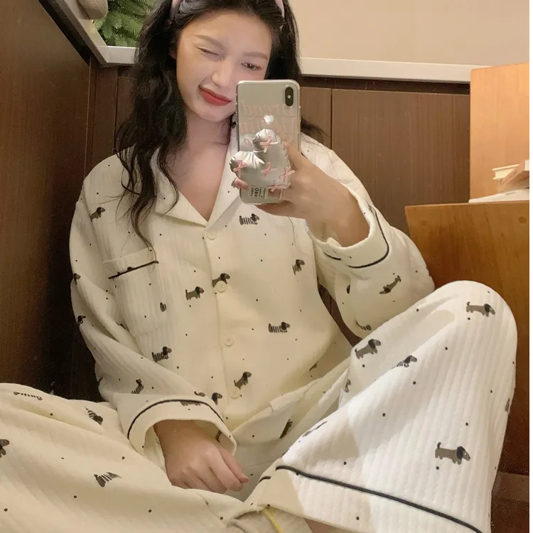 【秋冬加厚夹层-点点香肠狗】长袖睡衣保暖空气棉夹层可爱冬家居服