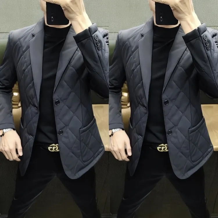 2024冬季新品菱形格西服领棉服男士二棉轻奢修身百搭外套商务休闲