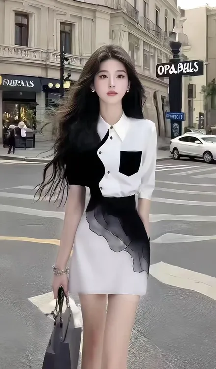 轻奢时尚高端大气温柔风撞色衬衫领不规则短袖收腰设计感连衣裙女