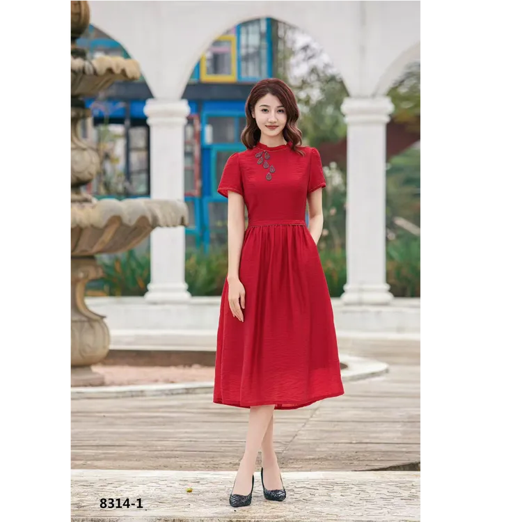 W1--W42中长裙夏季套头短袖圆领连衣裙复古气质女装显瘦