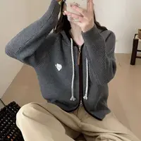 韩系连帽撞色抽绳爱心蕾丝针织开衫外套611