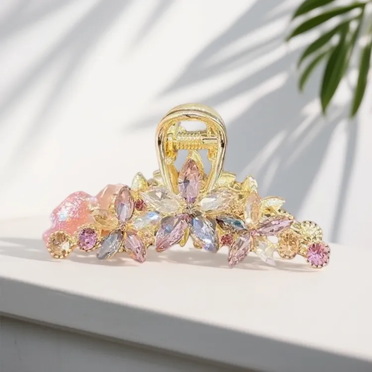 发夹高级感水晶花朵鲨鱼夹女后脑勺盘发抓夹时尚头饰气质网红发卡