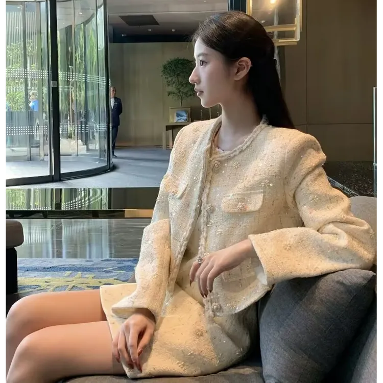 法式重工小香风粗花呢套装裙女秋季轻奢高级感短外套背心裙两件套