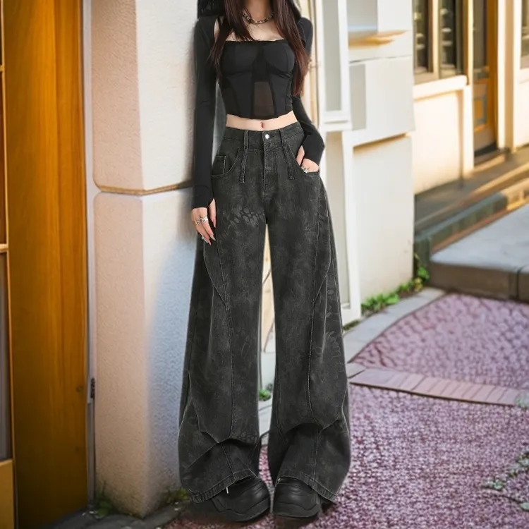 黑灰褶皱时尚设计感牛仔裤女2025早秋高腰高街印花小众百搭拖地裤