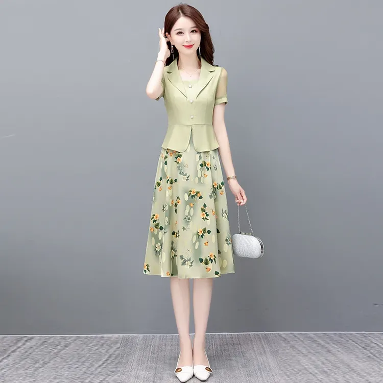 高档连衣裙2025女新款夏贵夫人阔太太妈妈时尚正式场合假两件套装