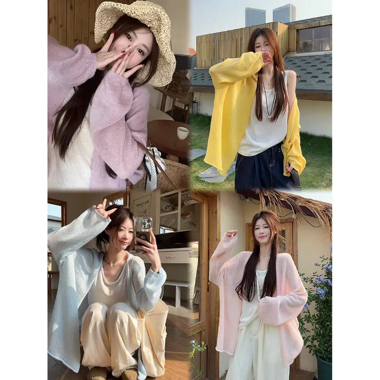 【现货含羊毛】奶油风新款灯笼袖空调衫薄纱针织毛衣防晒衫 2003#