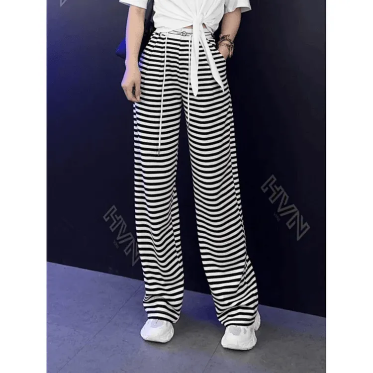 欧货复古宽松直筒裤女春秋百搭透气高腰阔腿格子松紧条纹聚酯纤维