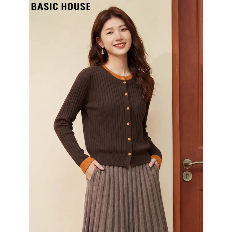 Basic House/百家好棕色假两件含羊毛针织开衫女2026春季打底毛衣