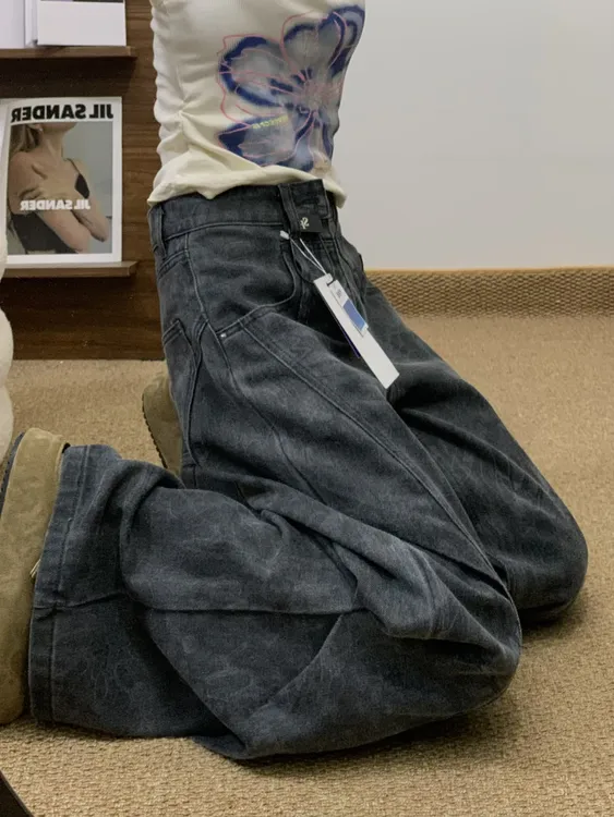 黑灰厚绒印花设计感阔腿工装牛仔裤女2025秋冬新款高腰显瘦直筒裤