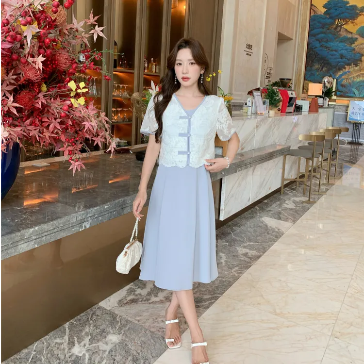 奢姿【蓝锦蝶舞】大码女装显瘦时尚复古开衫吊带裙国风新中式两件套