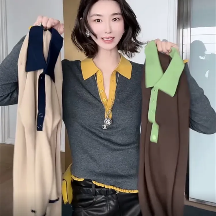 法式洋气polo领半扣针织开衫女2025早秋新款时尚舒适修身显瘦上衣