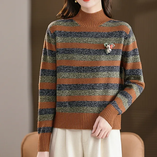 品牌女装冬季新款打底毛衣半高领条纹拼色套头女士毛针织衫