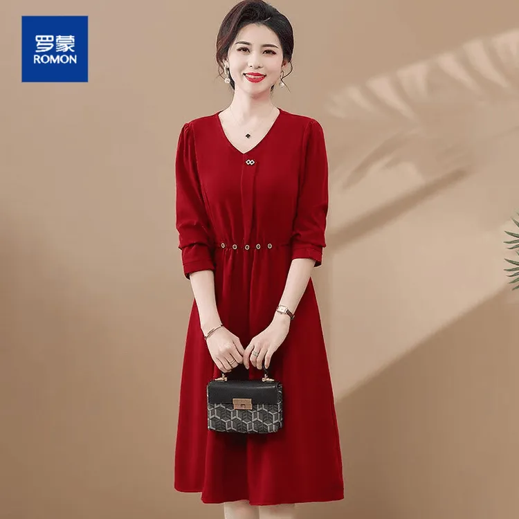罗蒙喜婆婆婚宴礼服妈妈秋装红色连衣裙洋气中老年春秋本命年裙子