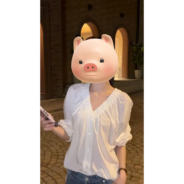 MARIE.COCO夏季凉感面料抽褶V领设计感宽松女长袖上衣牛仔裤套装