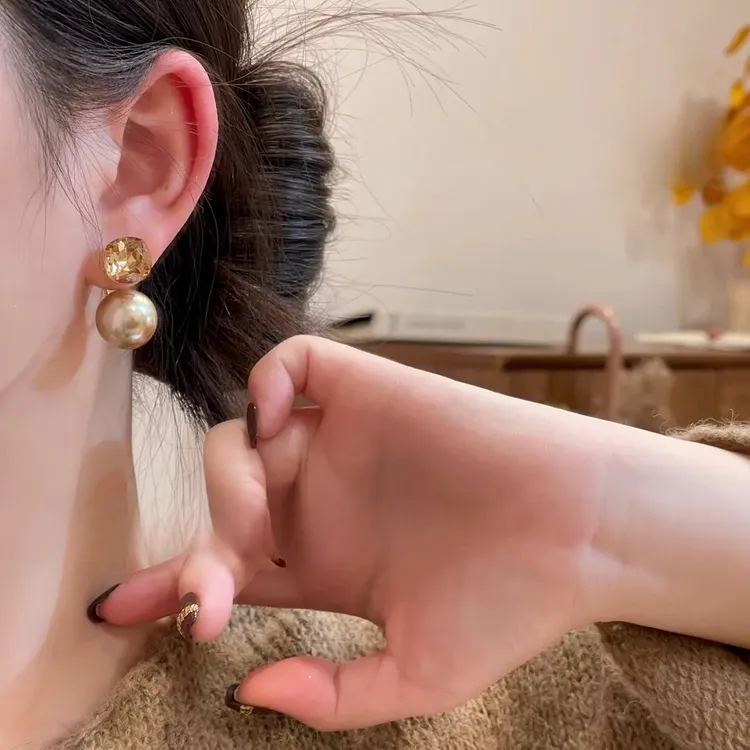 铜合金耳饰 方糖珠珠耳环一款两戴质感高级气质