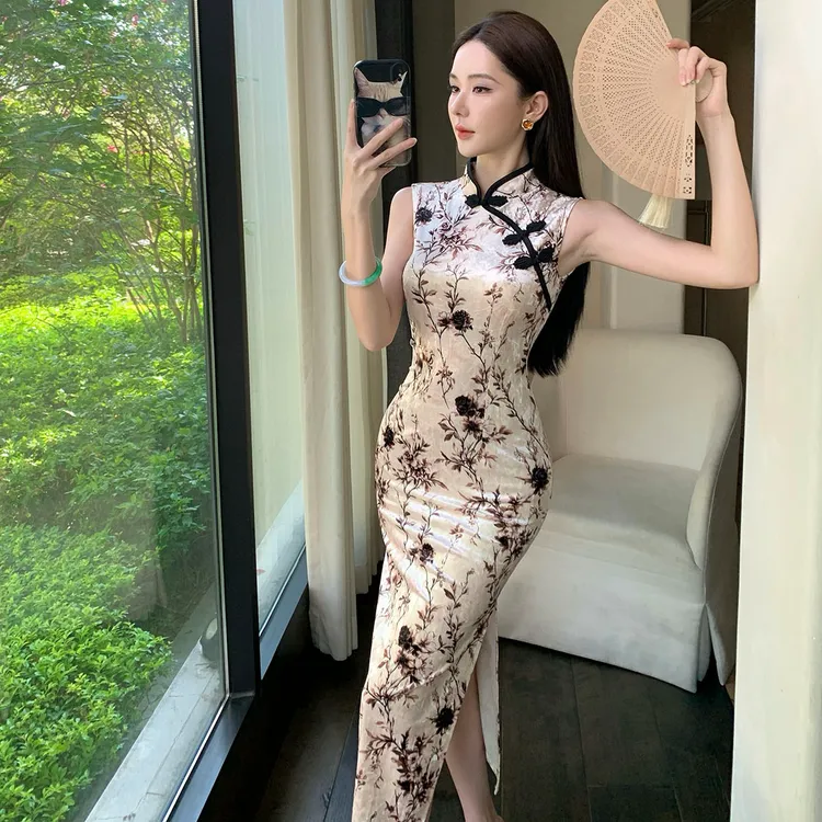 新中式国风复古碎花盘扣改良旗袍连衣裙气质收腰修身包臀开叉长裙