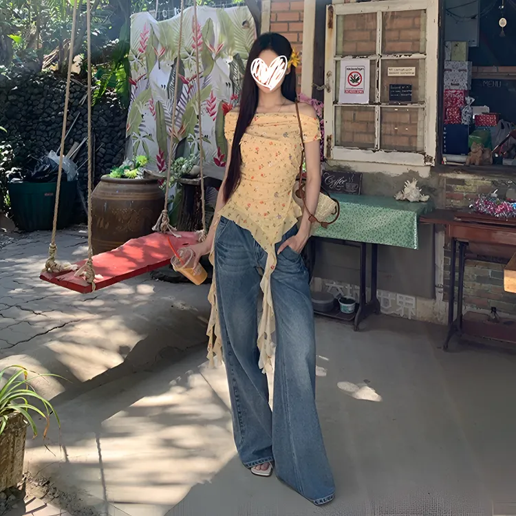 【小杏花】2025春夏一字肩碎花木耳边少女风不规则夏季T恤上衣8280