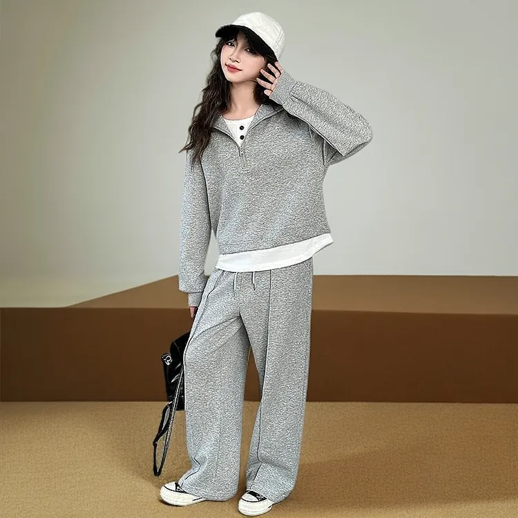 女童春款休闲套装2025新款女大儿童春秋洋气翻领卫衣阔腿裤两件套