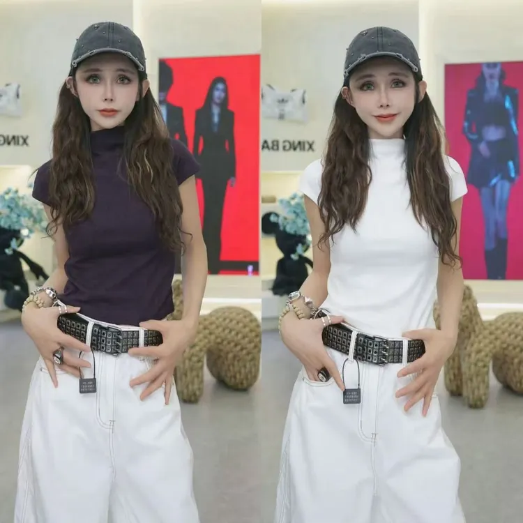 星宝定制高冷色系半高领短袖T恤四季可穿新款欧货修身显瘦上衣