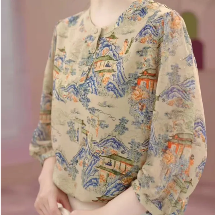 洒银工艺2025年春夏季复古风七分袖修身圆领上衣气质洋气衬衫0802