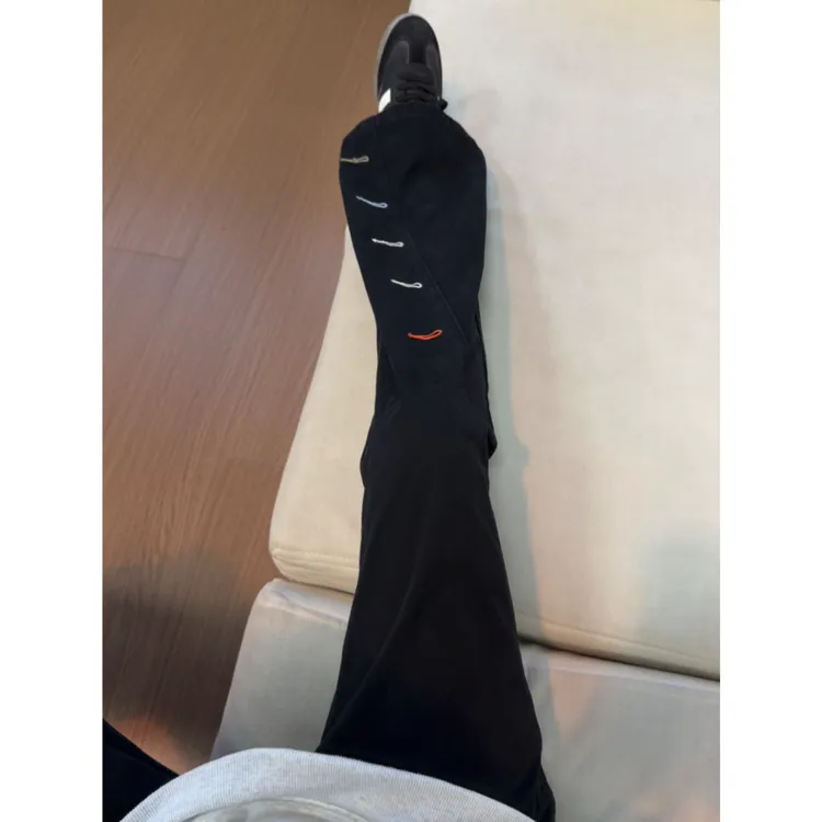 复古水洗纯棉斜切牛仔裤彩色刺绣扣眼男秋冬加绒直筒微喇工装裤子