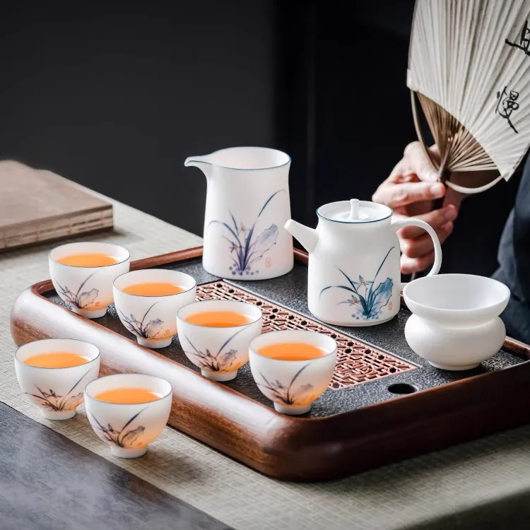 羊脂玉瓷全手工手绘功夫茶具套装家用客厅白瓷茶壶茶杯中式新款