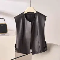 【彩丽家】秋季潮流简约短款休闲百搭纯色皮马夹工字型黑色百搭上衣