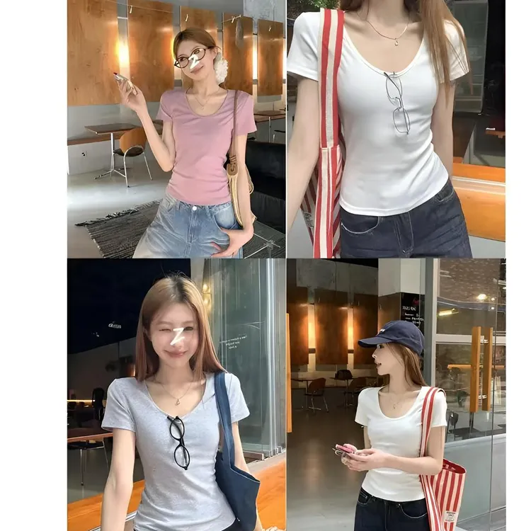 2025夏季新款韩系小U领气质修身小众设计感纯色百搭短袖上衣女508
