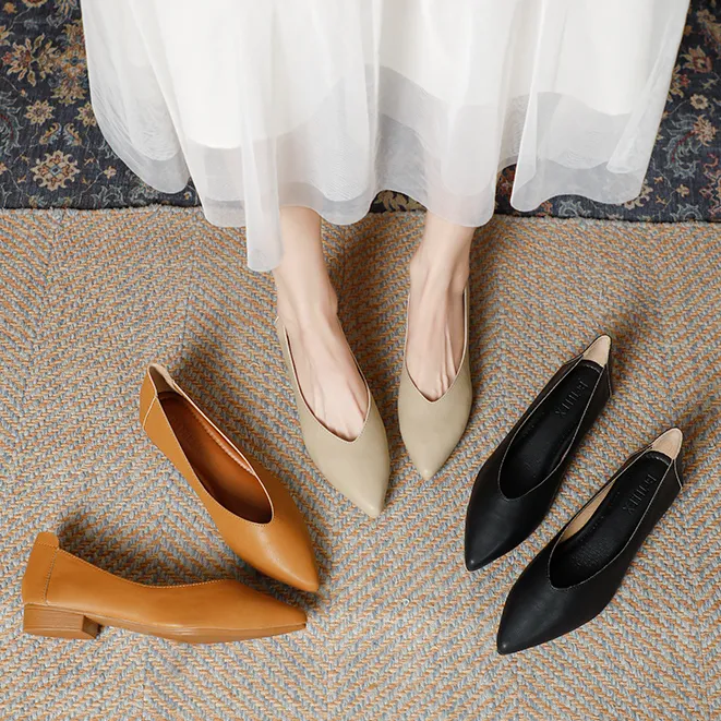 真皮尖头百搭多色低跟女鞋2025气质舒适时尚春季温柔软底607