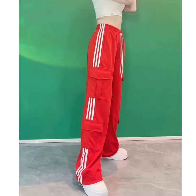 DM速干薄款六条杠工装裤跳舞裤子街舞宽松长裤红色运动工装裤女