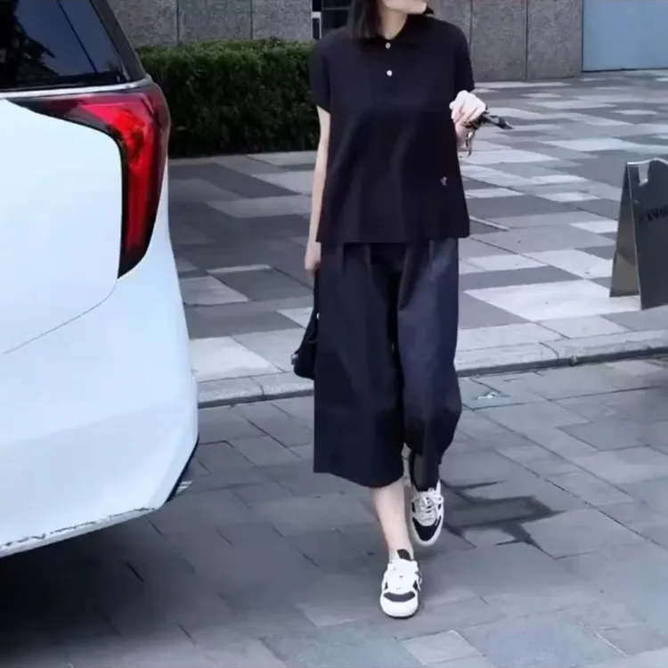 时尚T恤+九分阔腿裤组合2025夏季新款洋气休闲百搭宽松潮流