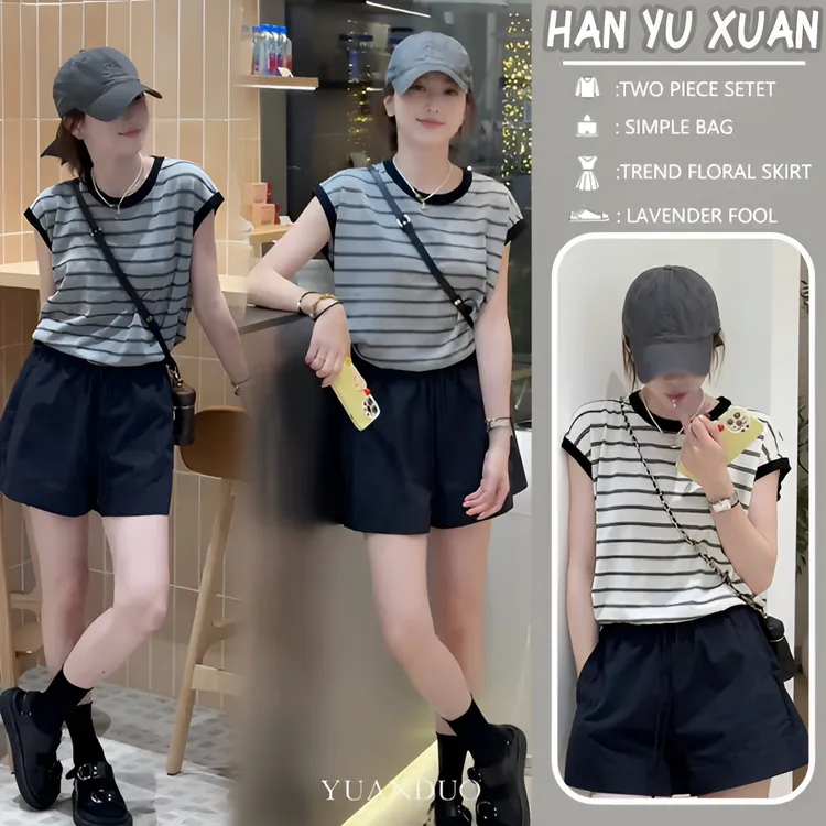 时髦孕妇装撞色条纹短袖上衣2025夏季新款韩版小众设计感条纹套装