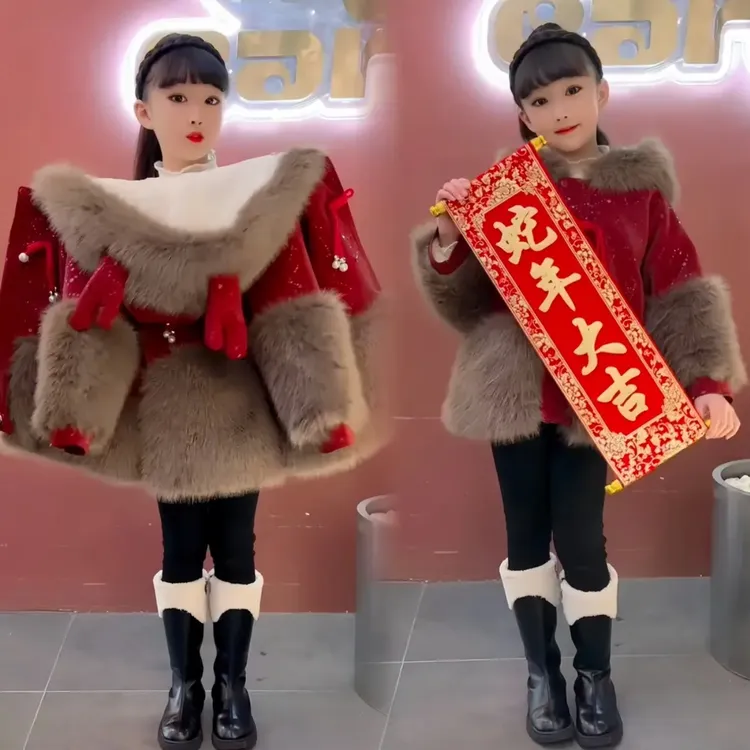 【厚款年服】女童2025加厚冬季新款中大童酒红色加绒加厚拜年服外套