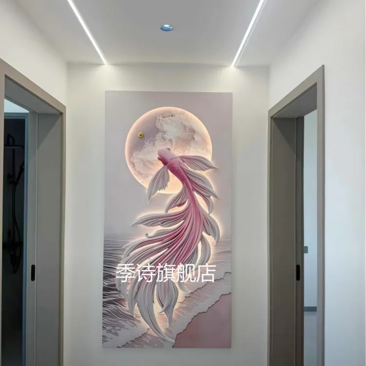玄关立体浮雕装饰画奶油风高端砂岩画锦鲤鱼入户走廊过道灯光挂画