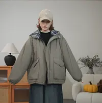 秋冬新款加棉格子拼接连帽毛毛棉服