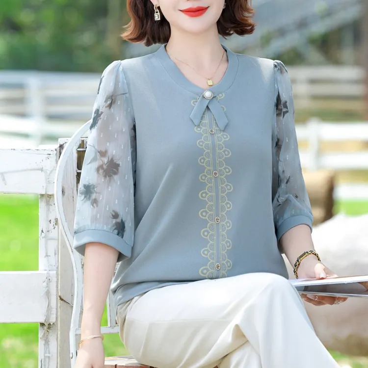 妈妈春装时尚薄款小衫春夏秋装新款七分袖洋气T恤宽松上衣