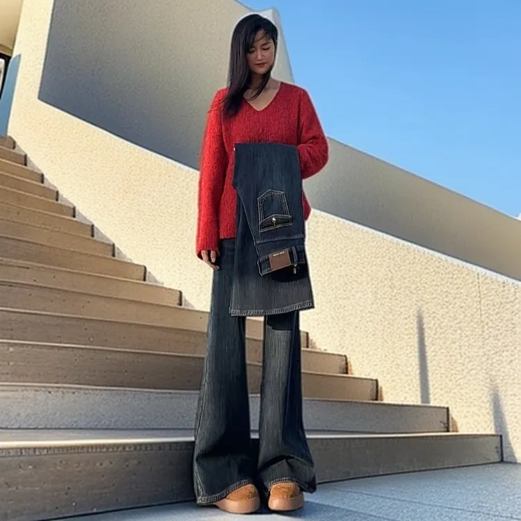 裤长115高个180蜜蜜绒高腰加绒微弹风显瘦宽松微喇叭蓝灰色牛仔裤