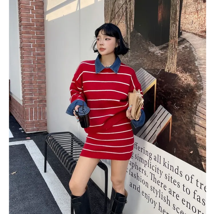 高级感可拆卸牛仔领条纹时尚针织套装秋冬减龄毛衣包臀短裙两件套