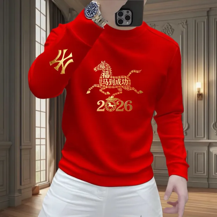 2026马年爆款潮流骏马印花圆领卫衣男士本命年喜庆红百搭休闲上衣