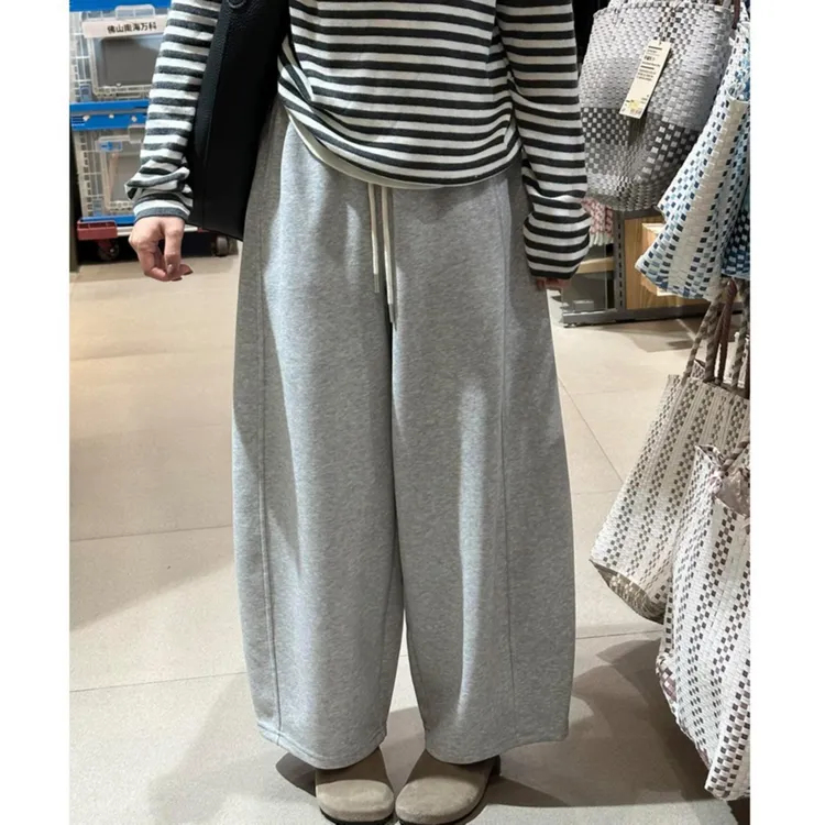 韩系慵懒风九分灰色卫裤女秋季宽松百搭阔腿休闲裤显瘦抽绳奶奶裤